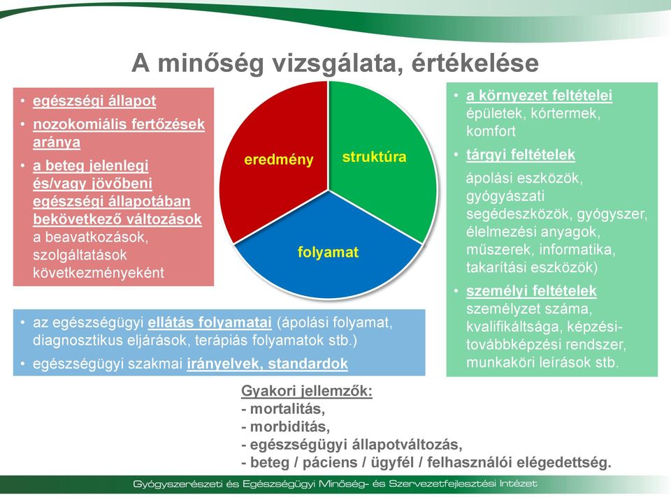 ) egészségügyi szakmai irányelvek, standardok struktúra a környezet feltételei épületek, kórtermek, komfort tárgyi feltételek ápolási eszközök, gyógyászati segédeszközök, gyógyszer, élelmezési