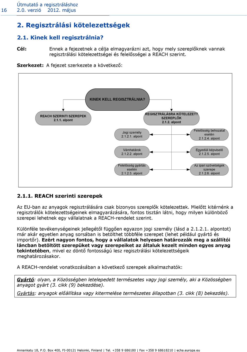 Szerkezet: A fejezet szerkezete a következő: KINEK KELL REGISZTRÁLNIA? REACH SZERINTI SZEREPEK 2.1.1. alpont REGISZTRÁLÁSRA KÖTELEZETT SZEREPLŐK 2.1.2. alpont Jogi személy 2.1.2.1. alpont Felelősség behozatal esetén 2.