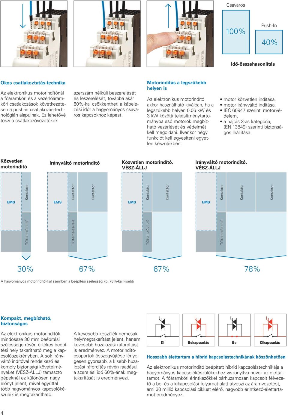 Irányváltó motorindító, VÉSZ-ÁLLJ Túlterhelés-relé Az elektronikus motorindító akkor használható kiválóan, ha a legszűkebb helyen 0,0 kw és kw közötti teljesítménytartományba eső motorok megbízható
