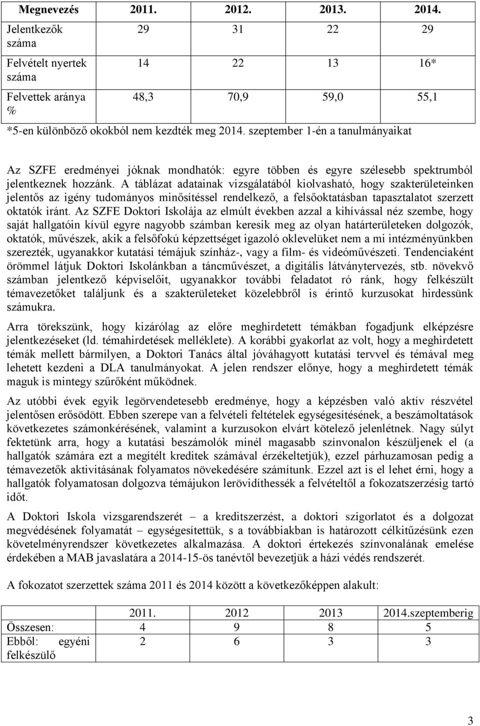 A táblázat adatainak vizsgálatából kiolvasható, hogy szakterületeinken jelentős az igény tudományos minősítéssel rendelkező, a felsőoktatásban tapasztalatot szerzett oktatók iránt.