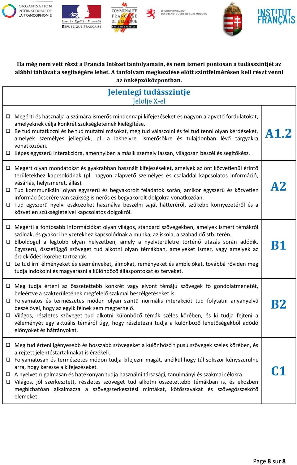 Jelenlegi tudásszintje Jelölje X-el Megérti és használja a számára ismerős mindennapi kifejezéseket és nagyon alapvető fordulatokat, amelyeknek célja konkrét szükségleteinek kielégítése.