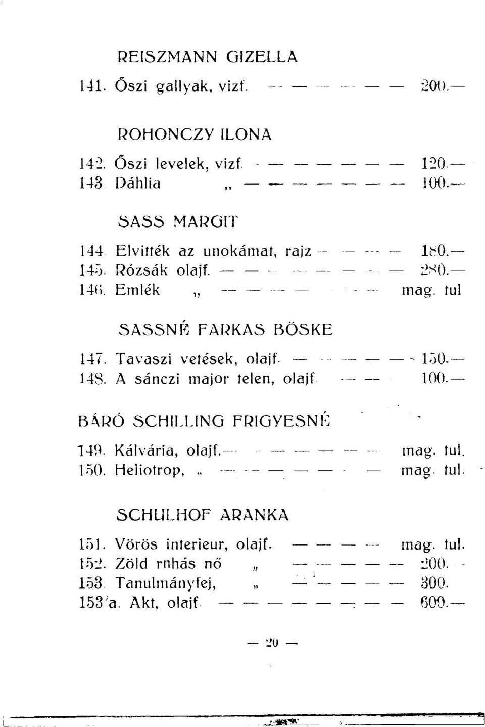 Tavaszi vetések, olajf. 150-148. A sánczi major telen, olajf 100. BÁRÓ SCHILLING FRIGYESNÉ 149. Kálvária, olajf. mag. tul. 150. Heliotrop.