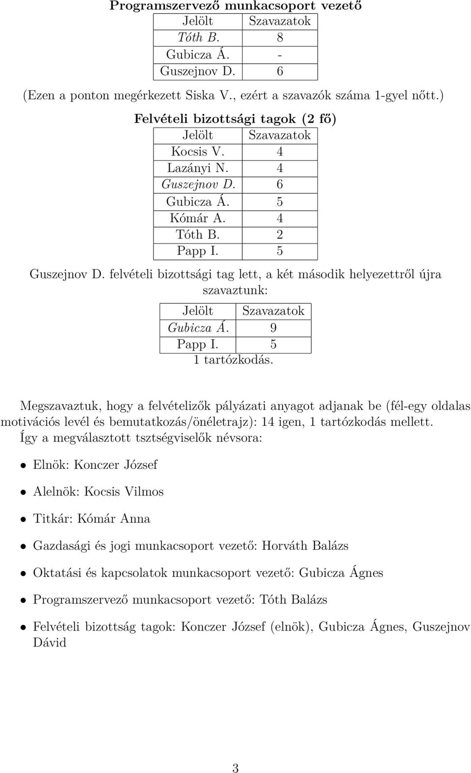 Megszavaztuk, hogy a felvételizők pályázati anyagot adjanak be (fél-egy oldalas motivációs levél és bemutatkozás/önéletrajz): 14 igen, 1 tartózkodás mellett.