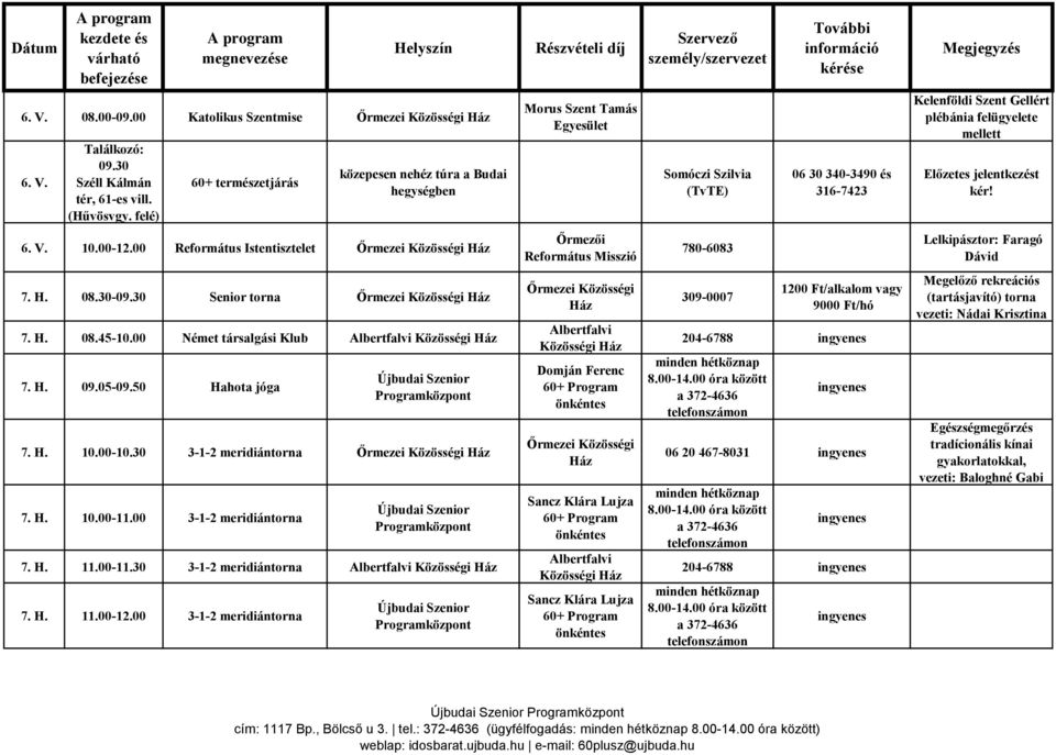 kér! 6. V. 10.00-12.00 Református Istentisztelet Őrmezei Őrmezői Református Misszió 780-6083 Lelkipásztor: Faragó Dávid 7. H. 08.30-09.30 Senior torna Őrmezei 7. H. 08.45-10.