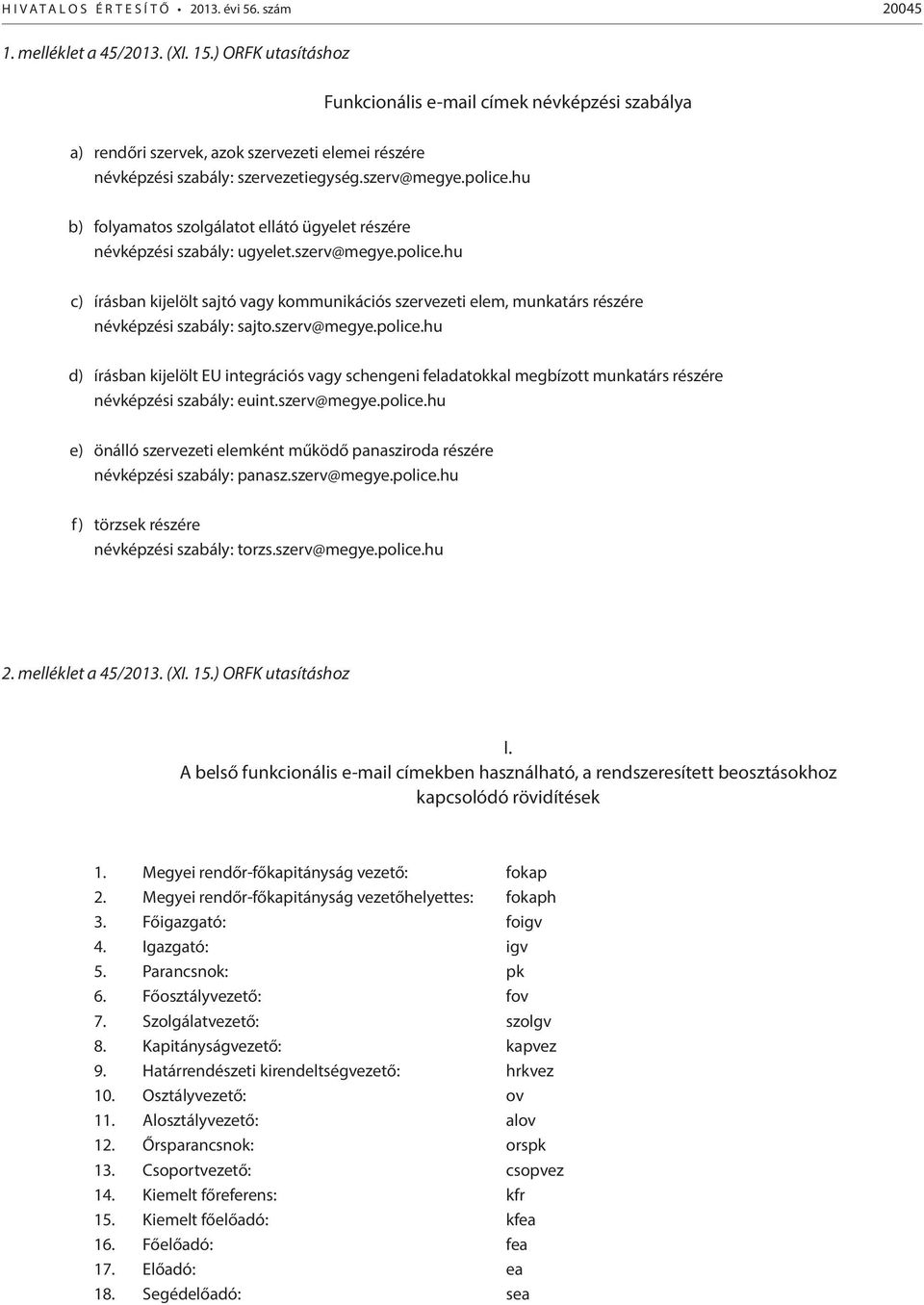 hu b) folyamatos szolgálatot ellátó ügyelet részére névképzési szabály: ugyelet.szerv@megye.police.