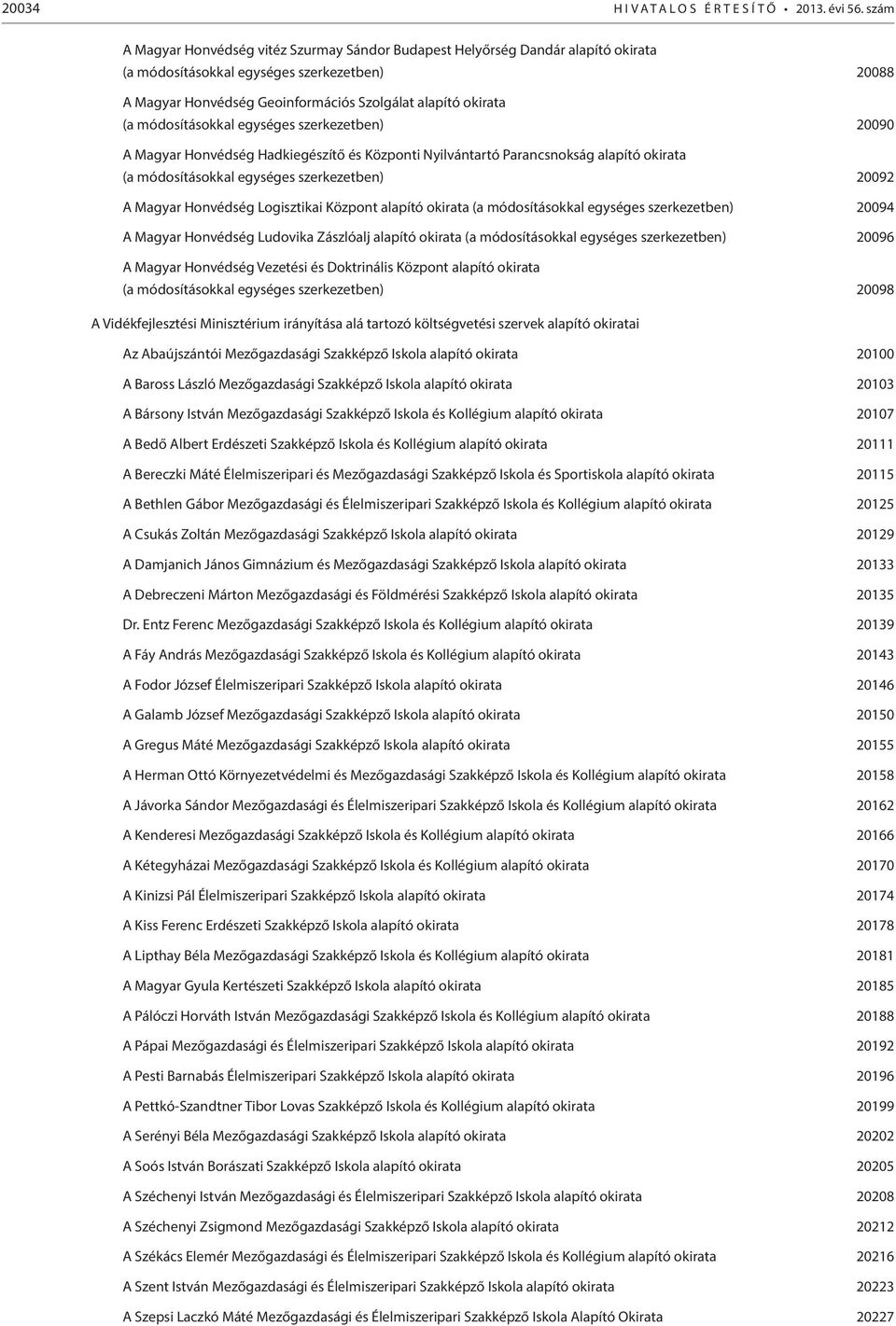 módosításokkal egységes szerkezetben) 20090 A Magyar Honvédség Hadkiegészítő és Központi Nyilvántartó Parancsnokság alapító okirata (a módosításokkal egységes szerkezetben) 20092 A Magyar Honvédség