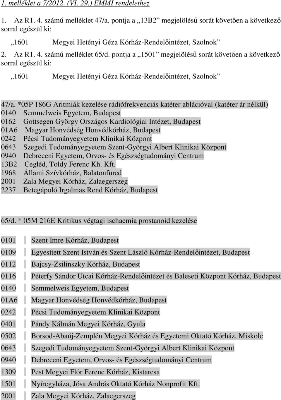 pontja a 1501 megjelöléső sorát követıen a következı sorral egészül ki: 1601 Megyei Hetényi Géza Kórház-Rendelıintézet, Szolnok 47/a.