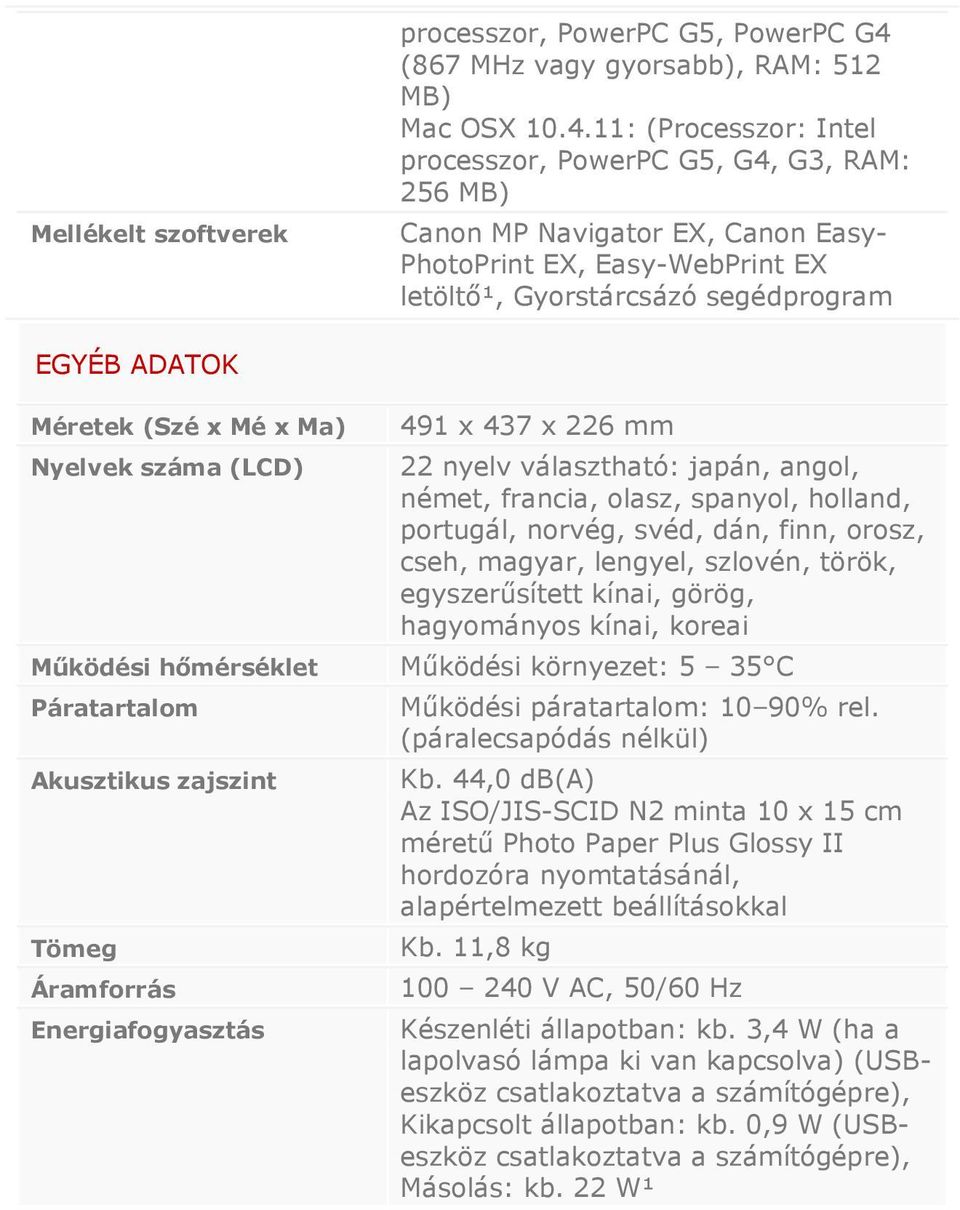 11: (Processzor: Intel processzor, PowerPC G5, G4, G3, RAM: 256 MB) Canon MP Navigator EX, Canon Easy- PhotoPrint EX, Easy-WebPrint EX letöltő¹, Gyorstárcsázó segédprogram EGYÉB ADATOK Méretek (Szé x