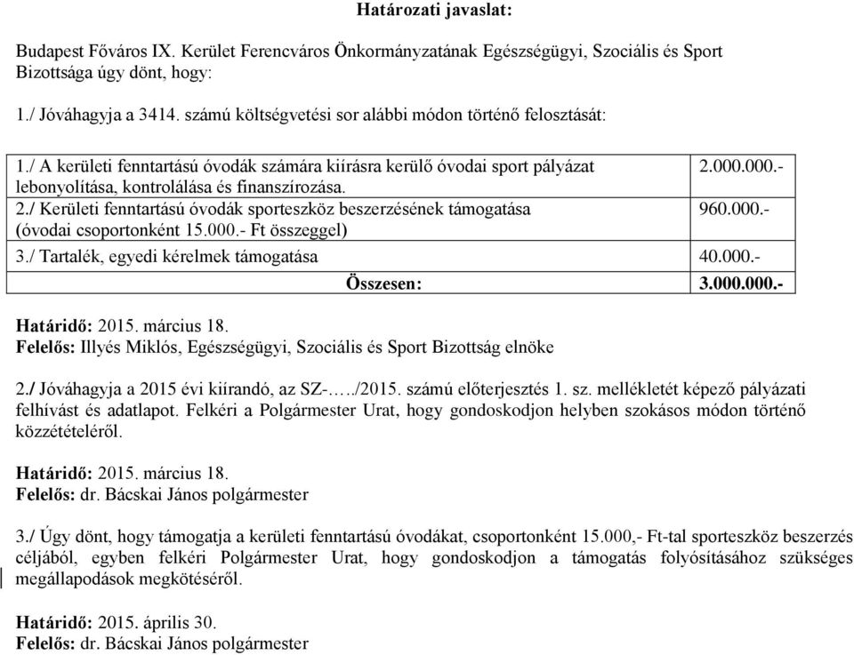 / Kerületi fenntartású óvodák sporteszköz beszerzésének támogatása (óvodai csoportonként 15.000.- Ft összeggel) Határidő: 2015. március 18.