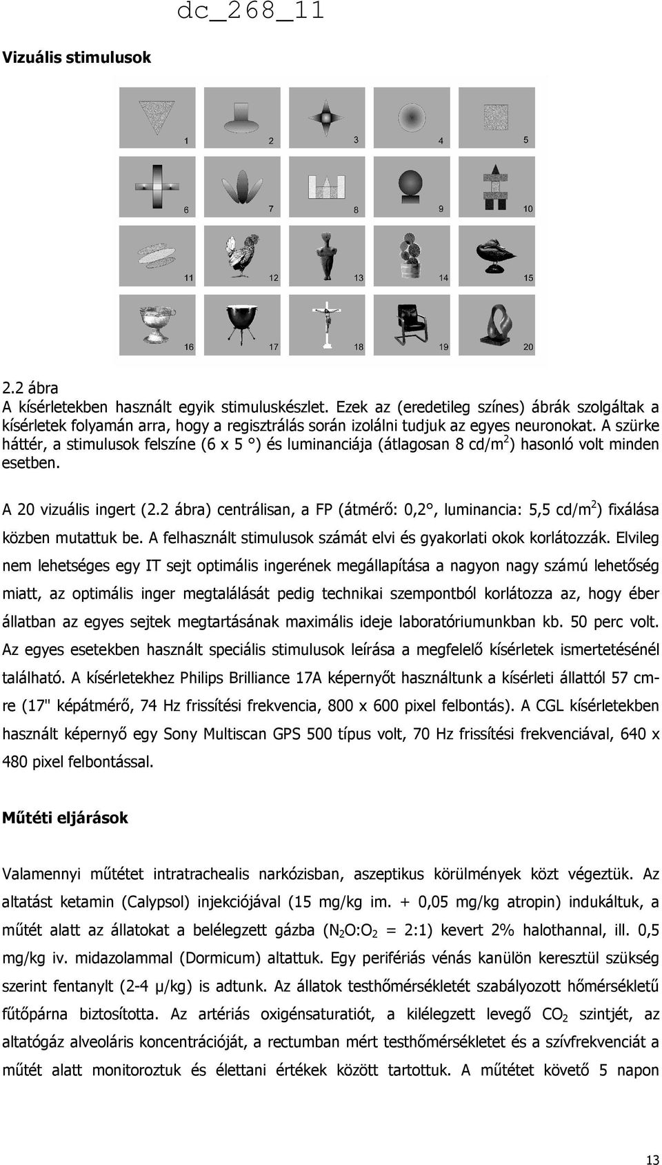 A szürke háttér, a stimulusok felszíne (6 x 5 ) és luminanciája (átlagosan 8 cd/m 2 ) hasonló volt minden esetben. A 20 vizuális ingert (2.