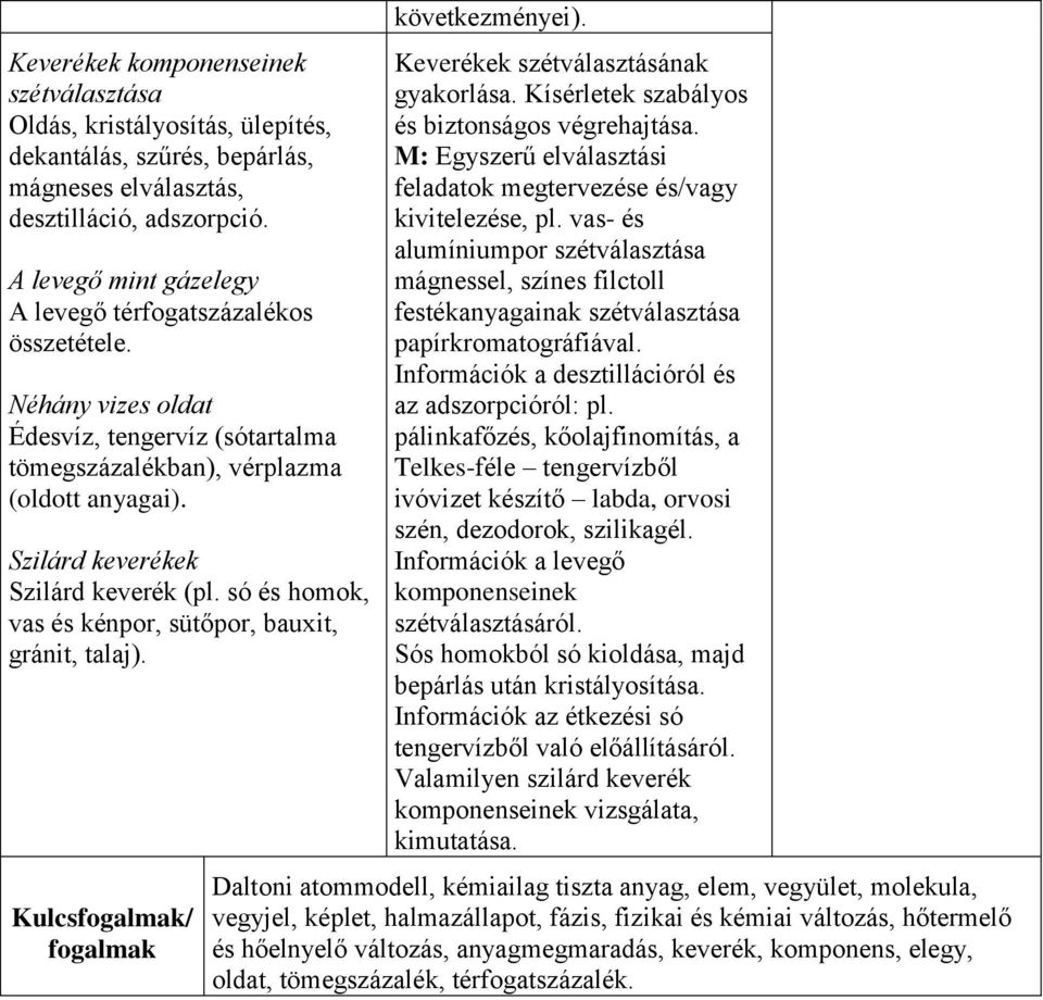 só és homok, vas és kénpor, sütőpor, bauxit, gránit, talaj). Kulcsfogalmak/ fogalmak következményei). Keverékek szétválasztásának gyakorlása. Kísérletek szabályos és biztonságos végrehajtása.