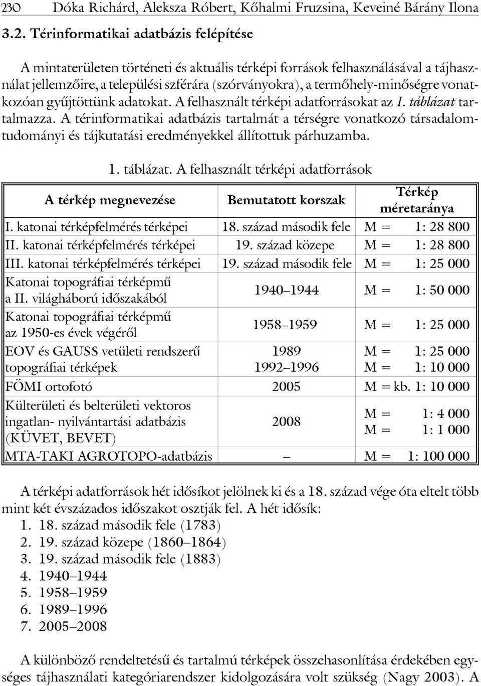 A térinformatikai adatbázis tartalmát a térségre vonatkozó társadalomtudományi és tájkutatási eredményekkel állítottuk párhuzamba. 1. táblázat.