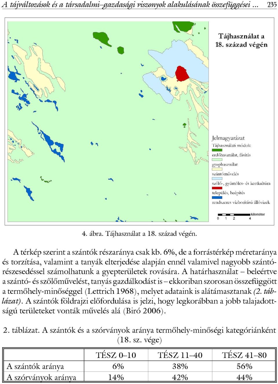 A határhasználat beleértve a szántó- és szôlômûvelést, tanyás gazdálkodást is ekkoriban szorosan összefüggött a termôhely-minôséggel (Lettrich 1968), melyet adataink is alátámasztanak (2. táblázat).