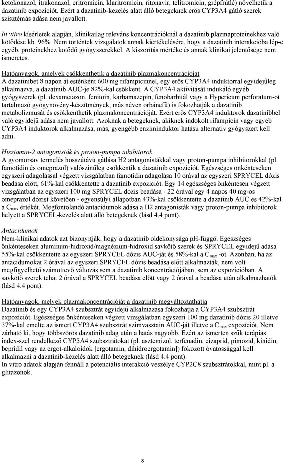 In vitro kísérletek alapján, klinikailag releváns koncentrációknál a dazatinib plazmaproteinekhez való kötődése kb. 96%.