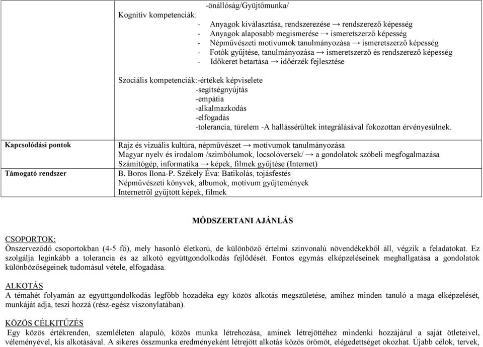 -segítségnyújtás -empátia -alkalmazkodás -elfogadás -tolerancia, türelem -A hallássérültek integrálásával fokozottan érvényesülnek.