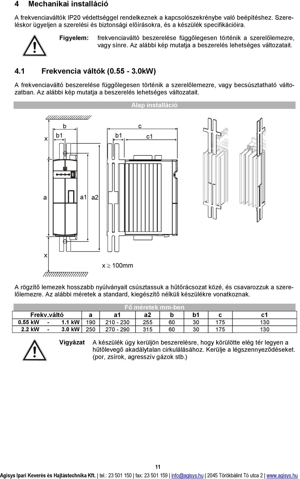 Az alábbi kép mutatja a beszerelés lehetséges változatait. 4.1 Frekvencia váltók (0.55-3.0kW) A frekvenciaváltó beszerelése függőlegesen történik a szerelőlemezre, vagy becsúsztatható változatban.