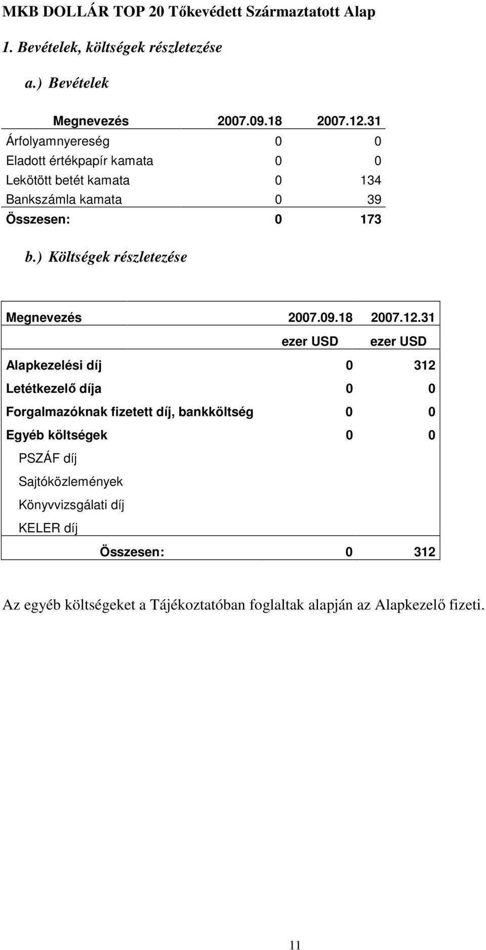 ) Költségek részletezése Megnevezés 2007.09.18 2007.12.