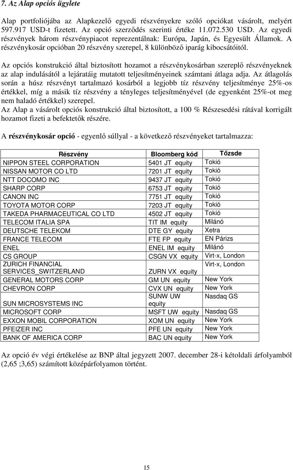 Az opciós konstrukció által biztosított hozamot a részvénykosárban szereplı részvényeknek az alap indulásától a lejáratáig mutatott teljesítményeinek számtani átlaga adja.