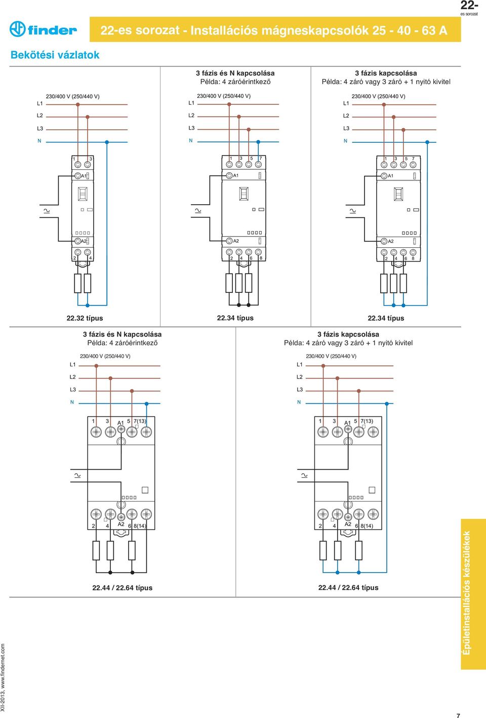 34 típus 3 fázis és N kapcsolása Példa: 4 záróérintkező 22.