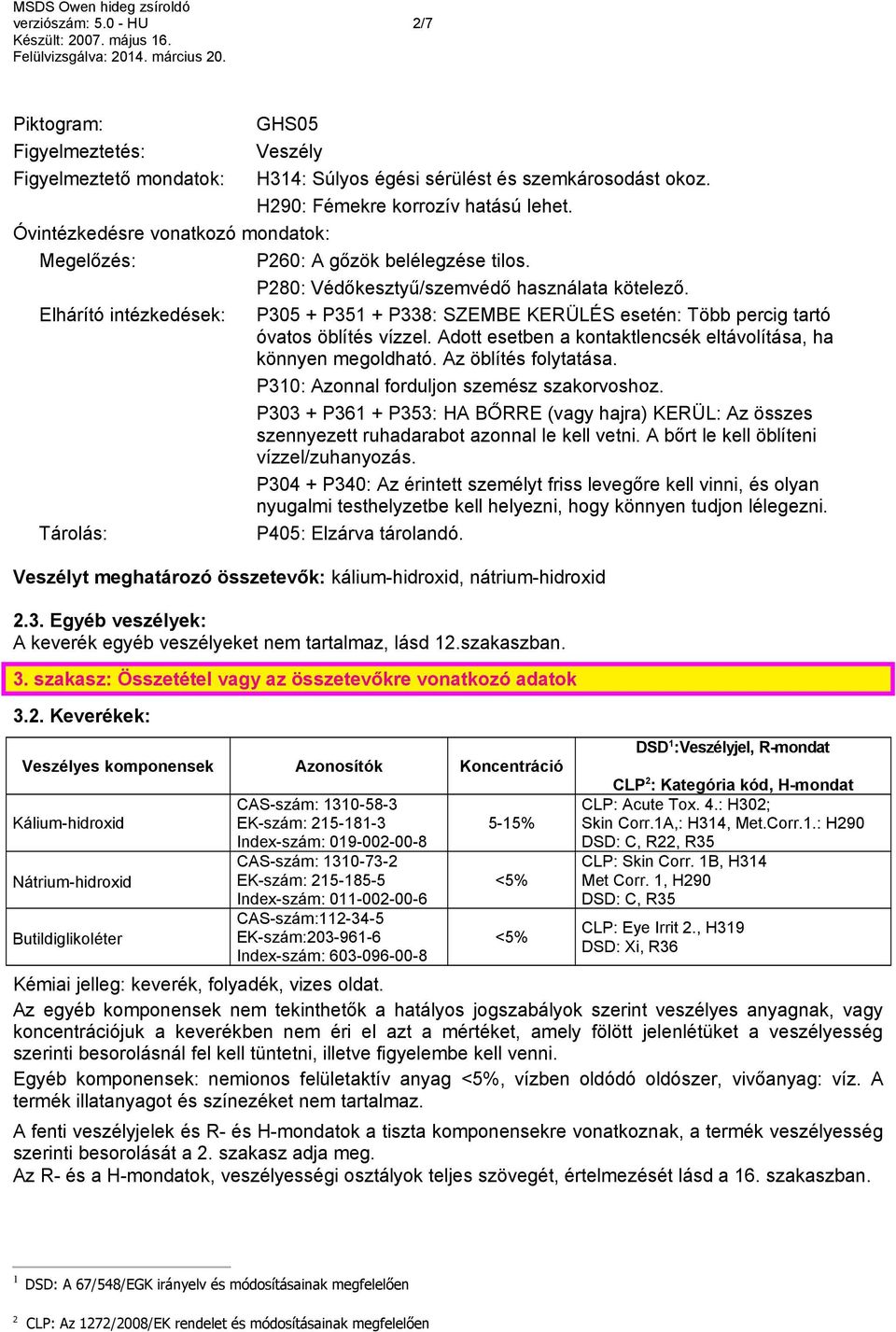 Elhárító intézkedések: P305 + P351 + P338: SZEMBE KERÜLÉS esetén: Több percig tartó óvatos öblítés vízzel. Adott esetben a kontaktlencsék eltávolítása, ha könnyen megoldható. Az öblítés folytatása.