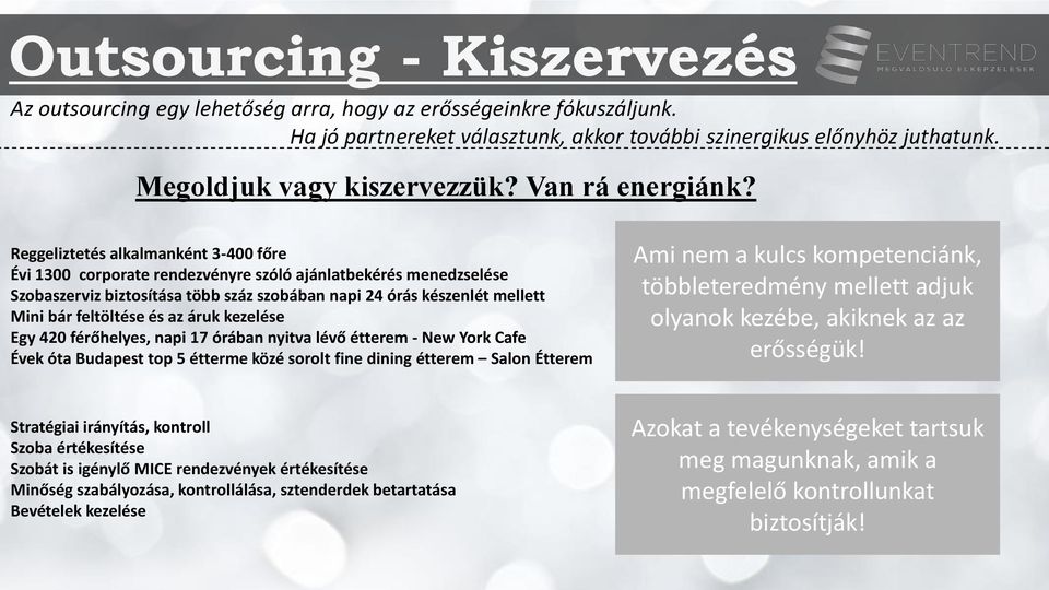 Reggeliztetés alkalmanként 3-400 főre Évi 1300 corporate rendezvényre szóló ajánlatbekérés menedzselése Szobaszerviz biztosítása több száz szobában napi 24 órás készenlét mellett Mini bár feltöltése