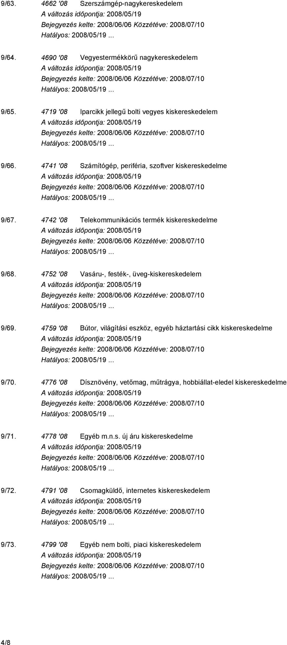 4752 '08 Vasáru-, festék-, üveg-kiskereskedelem 9/69. 4759 '08 Bútor, világítási eszköz, egyéb háztartási cikk kiskereskedelme 9/70.