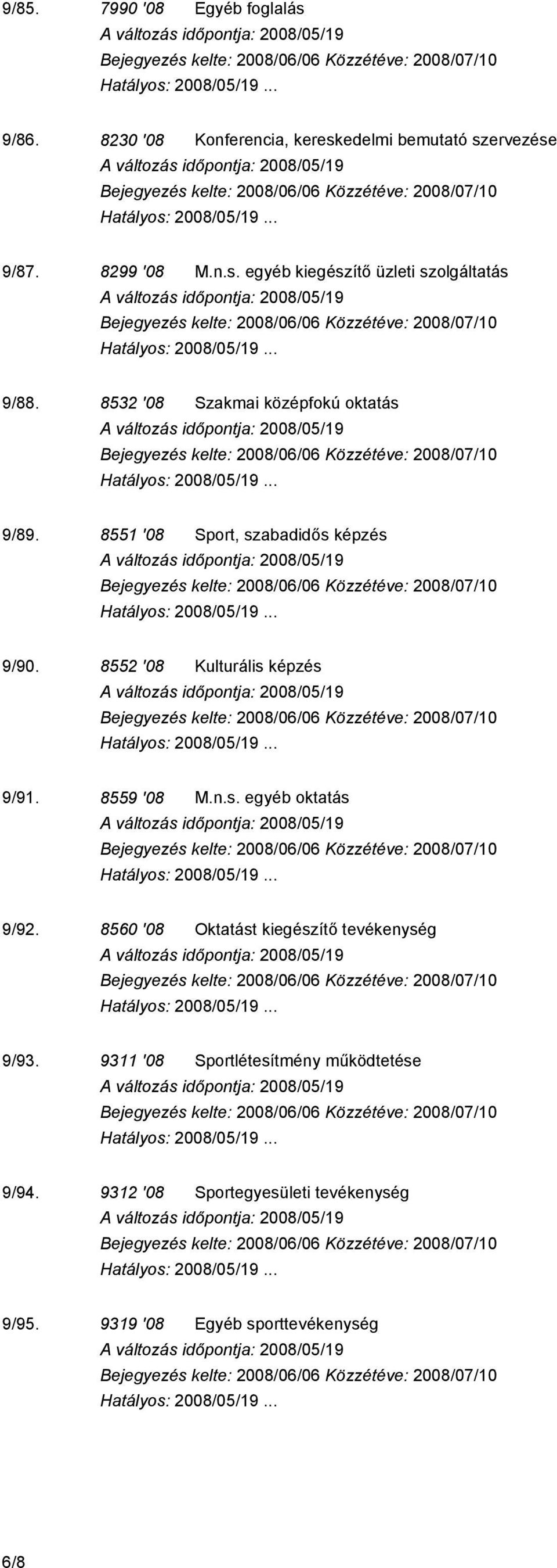 8559 '08 M.n.s. egyéb oktatás 9/92. 8560 '08 Oktatást kiegészítő tevékenység 9/93.