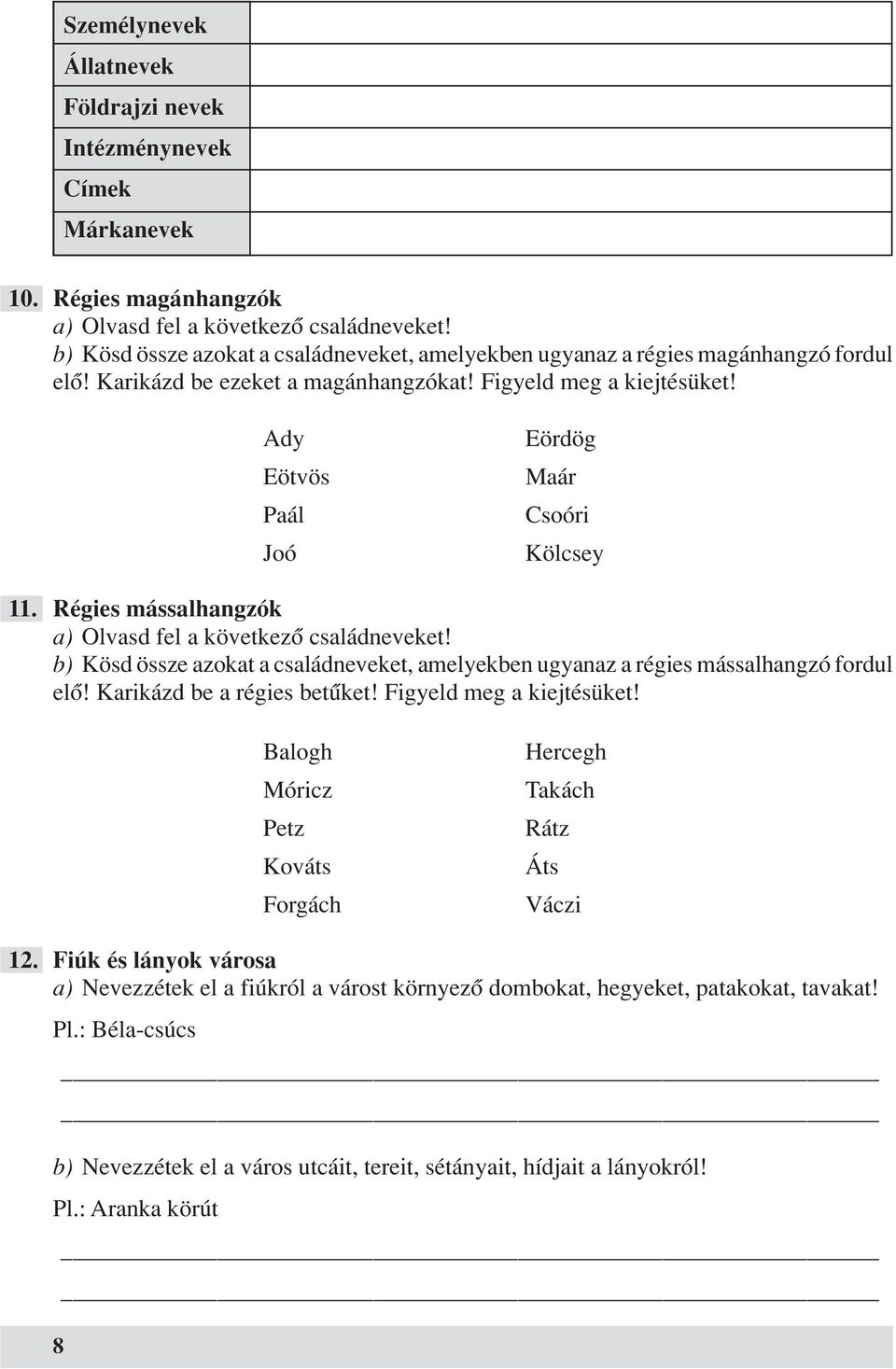 Ady Eötvös Paál Joó Eördög Maár Csoóri Kölcsey 11. Régies mássalhangzók a) Olvasd fel a következô családneveket!