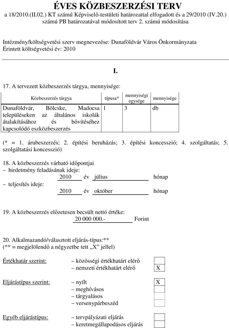 A tervezett közbeszerzés tárgya, : Dunaföldvár, Bölcske, Madocsa településeken az általános iskolák átalakításához és bővítéséhez kapcsolódó eszközbeszerzés I.