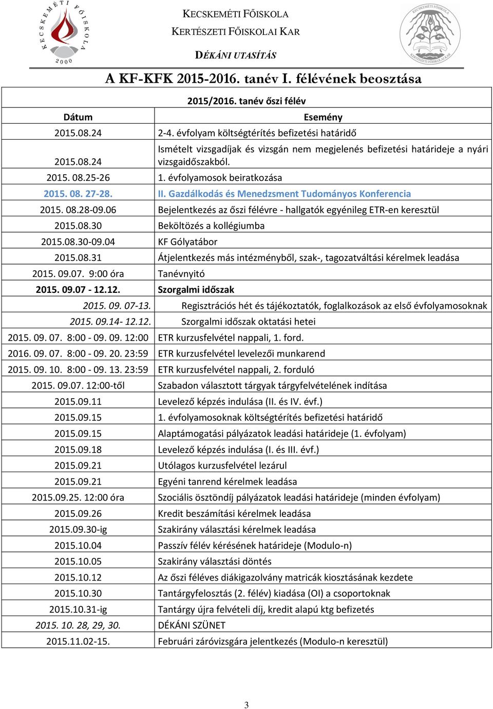 évfolyamosok beiratkozása 2015. 08. 27-28. II. Gazdálkodás és Menedzsment Tudományos Konferencia 2015. 08.28-09.06 Bejelentkezés az őszi félévre - hallgatók egyénileg ET-en keresztül 2015.08.30 Beköltözés a kollégiumba 2015.