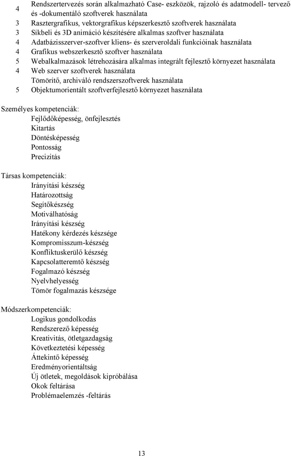 Webalkalmazások létrehozására alkalmas integrált fejlesztő környezet használata 4 Web szerver szoftverek használata Tömörítő, archiváló rendszerszoftverek használata 5 Objektumorientált