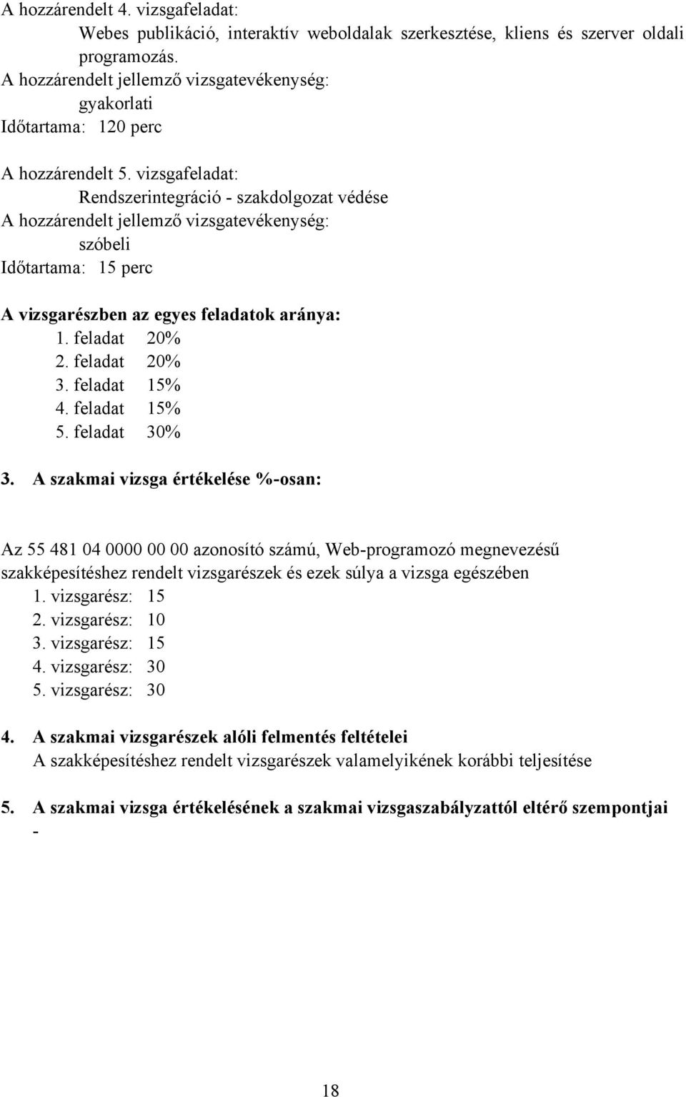 feladat 30% 3. A szakmai vizsga értékelése %-osan: Az 55 481 04 0000 00 00 azonosító számú, Web-programozó megnevezésű szakképesítéshez rendelt vizsgarészek és ezek súlya a vizsga egészében 1.