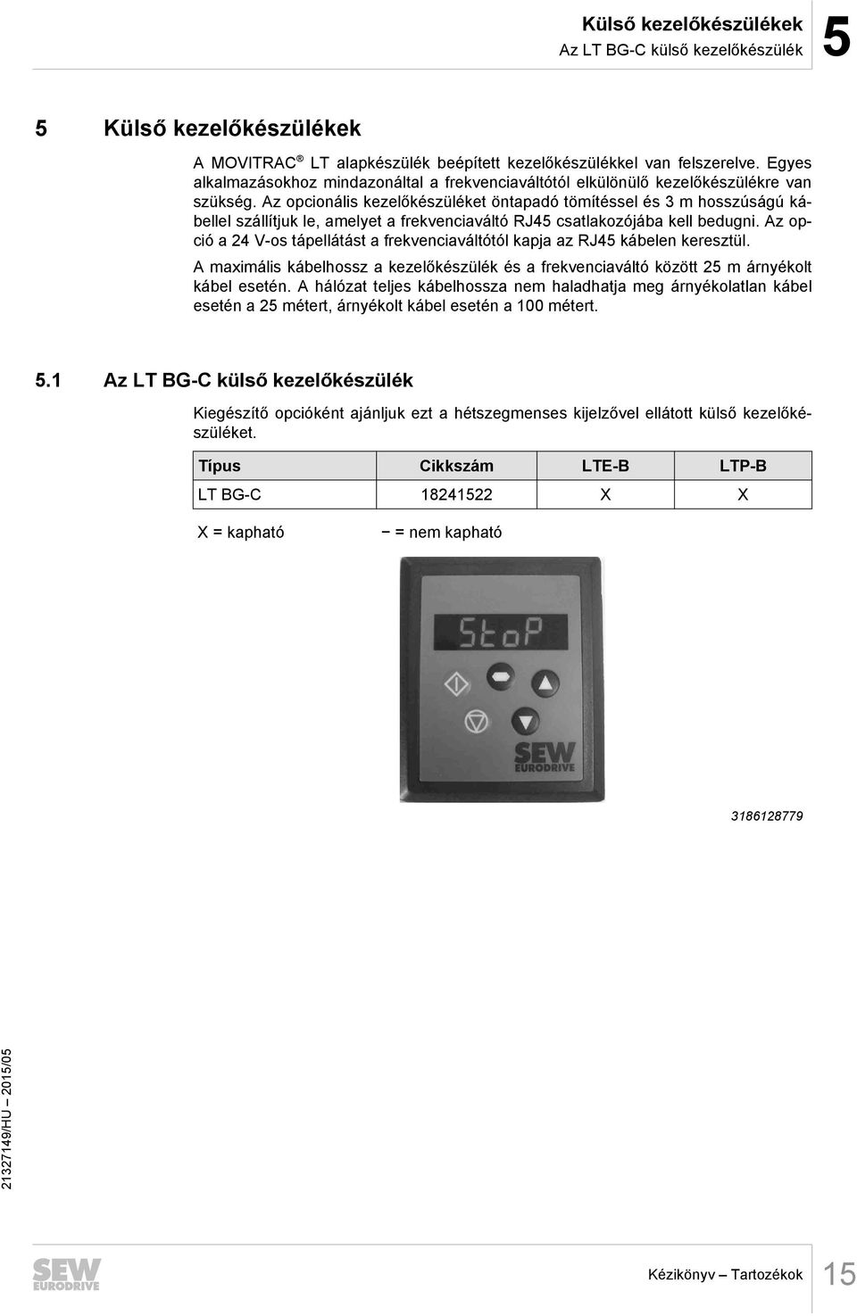 Az opcionális kezelőkészüléket öntapadó tömítéssel és 3 m hosszúságú kábellel szállítjuk le, amelyet a frekvenciaváltó RJ45 csatlakozójába kell bedugni.