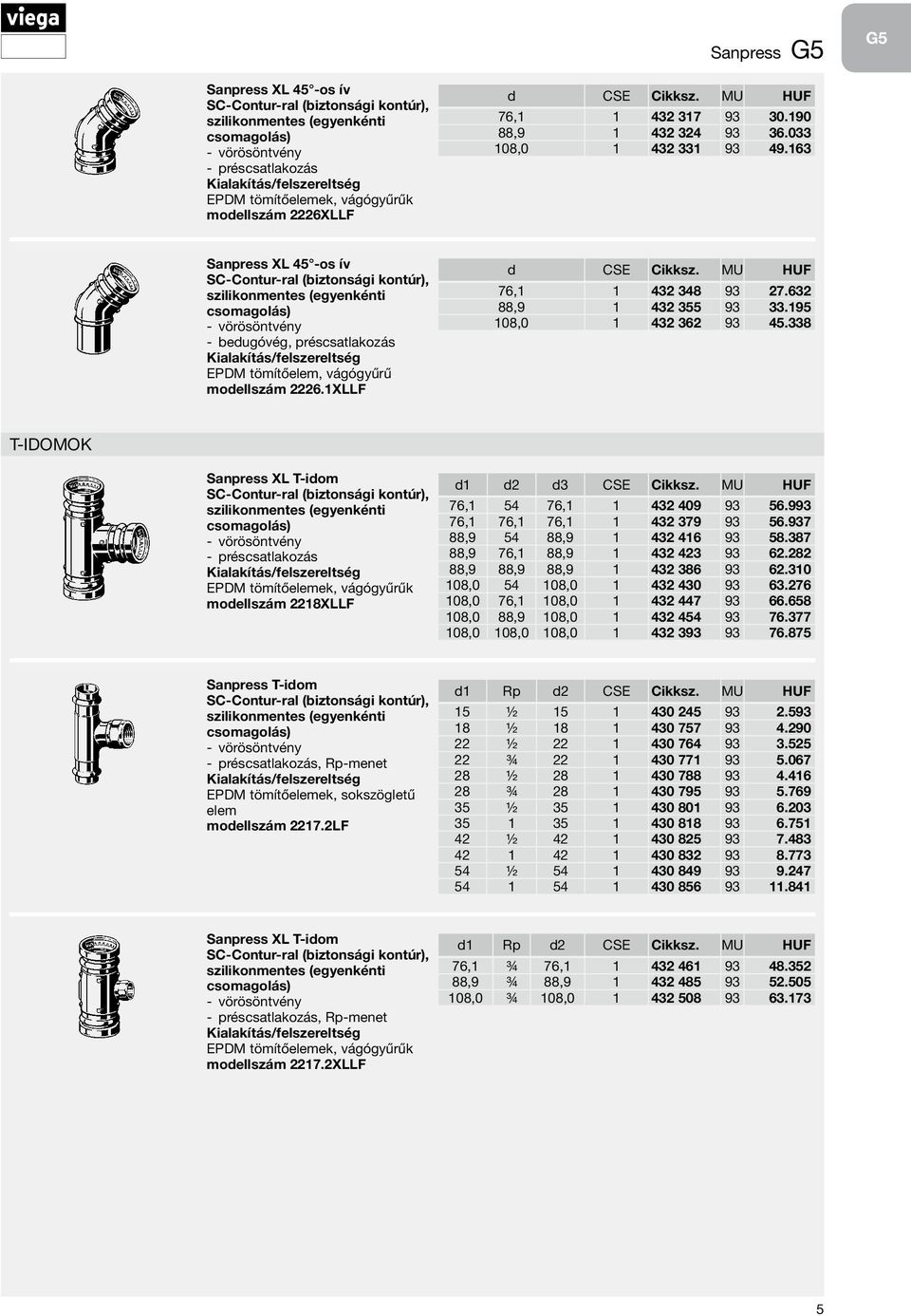 632 88,9 1 432 355 93 33.195 108,0 1 432 362 93 45.338 T-idomok Sanpress XL T-idom vörösöntvény préscsatlakozás EPDM tömítőelemek, vágógyűrűk modellszám 2218XLLF d1 d2 d3 CSE Cikksz.