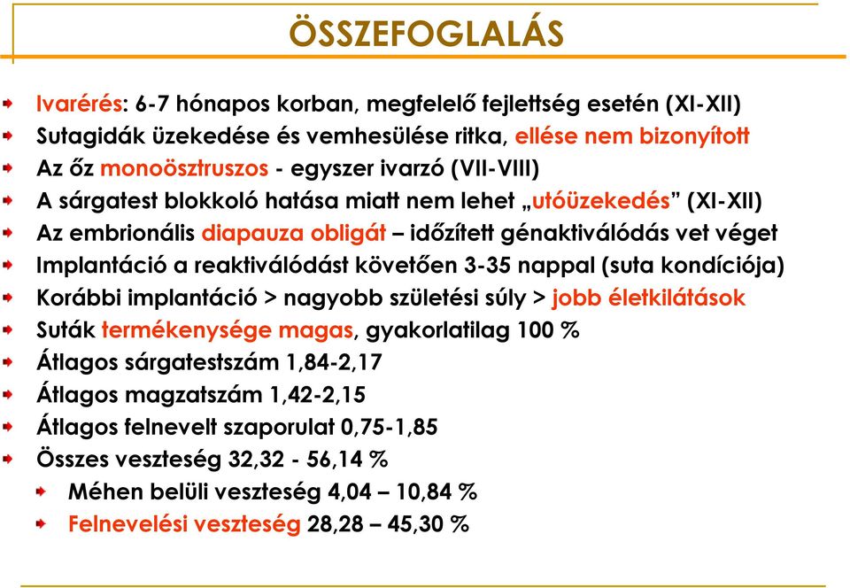 reaktiválódást követően 3-35 nappal (suta kondíciója) Korábbi implantáció > nagyobb születési súly > jobb életkilátások Suták termékenysége magas, gyakorlatilag 100 % Átlagos