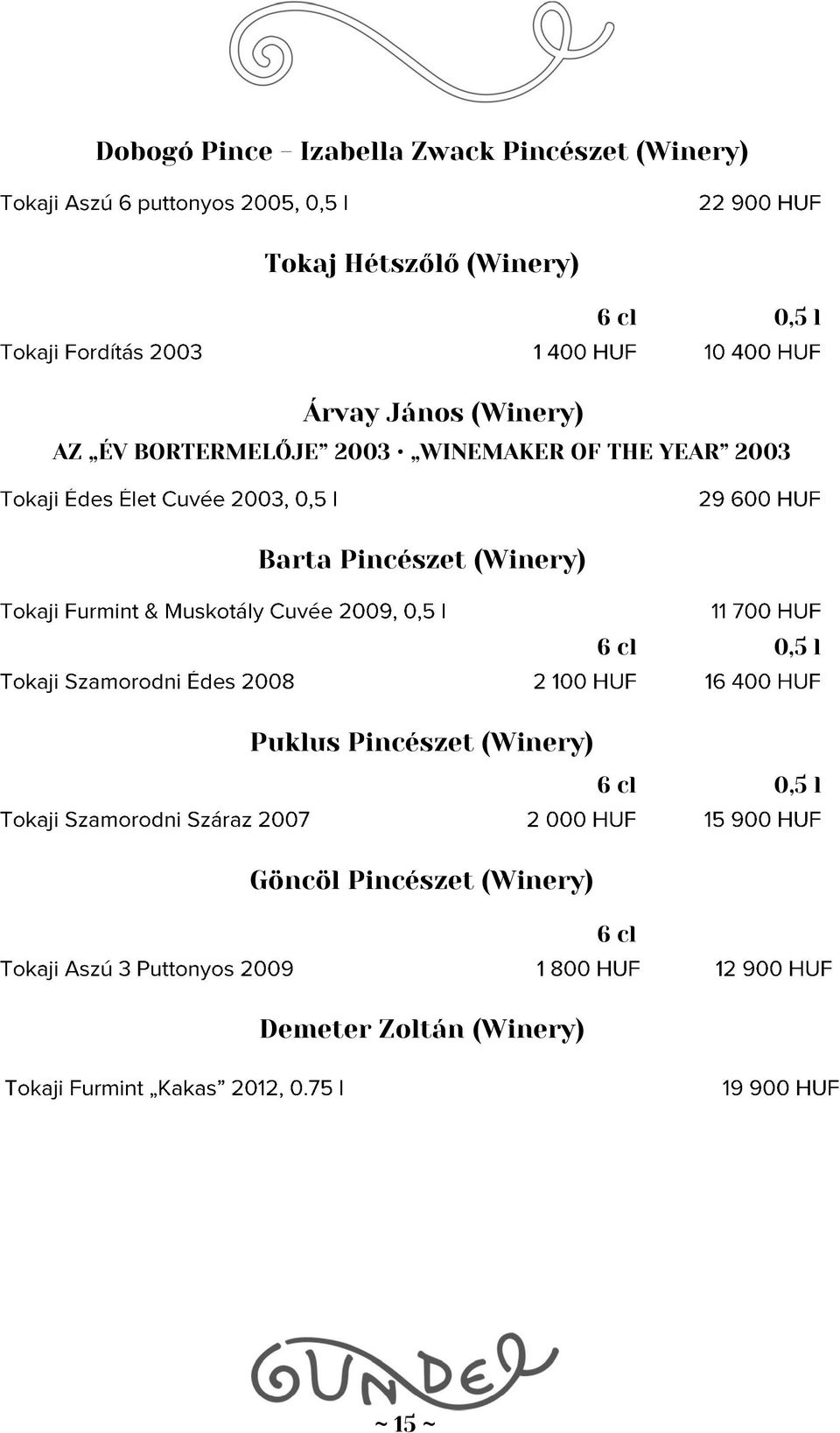 YEAR 2003 Barta Pincészet (Winery) 6 cl 0,5 l Puklus Pincészet (Winery)