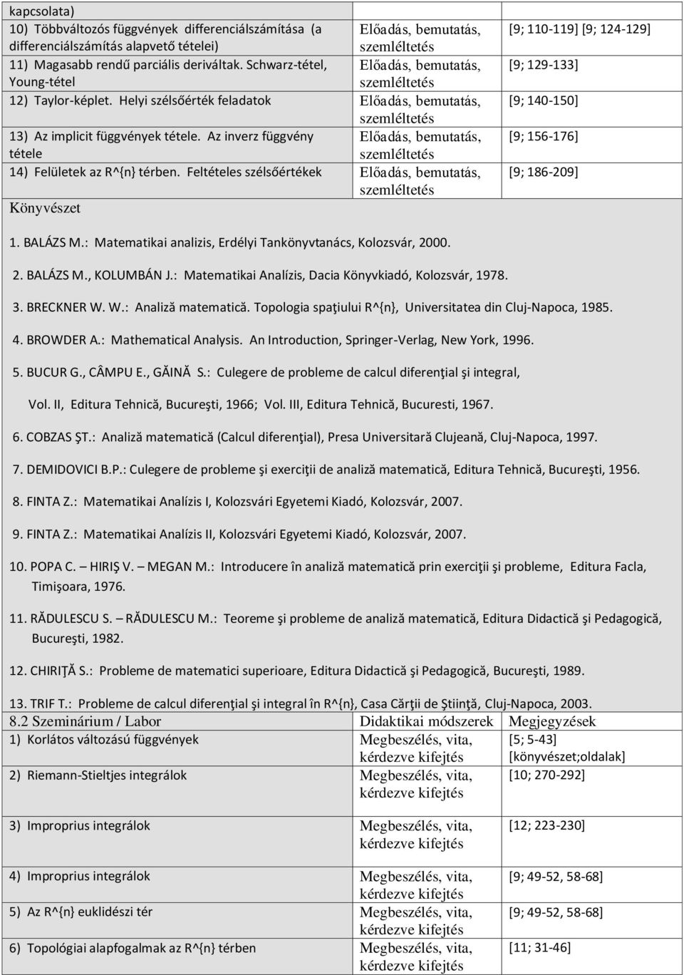 Feltételes szélsőértékek Könyvészet [9; 110-119] [9; 124-129] [9; 129-133] [9; 140-150] [9; 156-176] [9; 186-209] 1. BALÁZS M.: Matematikai analizis, Erdélyi Tankönyvtanács, Kolozsvár, 2000. 2. BALÁZS M., KOLUMBÁN J.