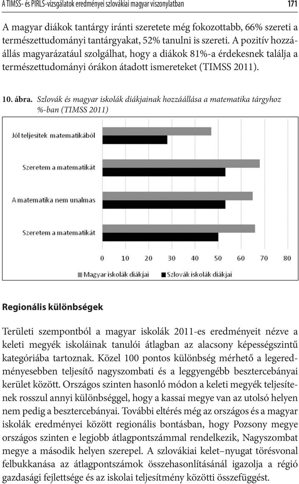 Szlovák és magyar iskolák diákjainak hozzáállása a matematika tárgyhoz %-ban (TIMSS 2011) Regionális különbségek Területi szempontból a magyar iskolák 2011-es eredményeit nézve a keleti megyék