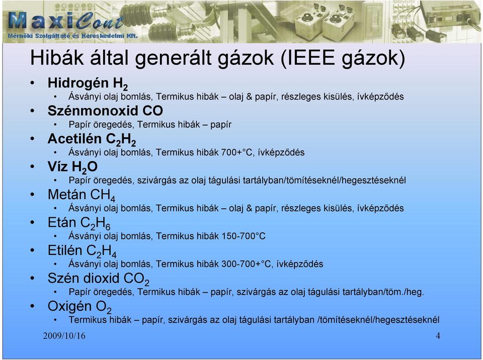 hibák olaj & papír, részleges kisülés, ívképződés Etán C 2 H 6 Ásványi olaj bomlás, Termikus hibák 150-700 C Etilén C 2 H 4 Ásványi olaj bomlás, Termikus hibák 300-700+ C, ívképződés Szén dioxid