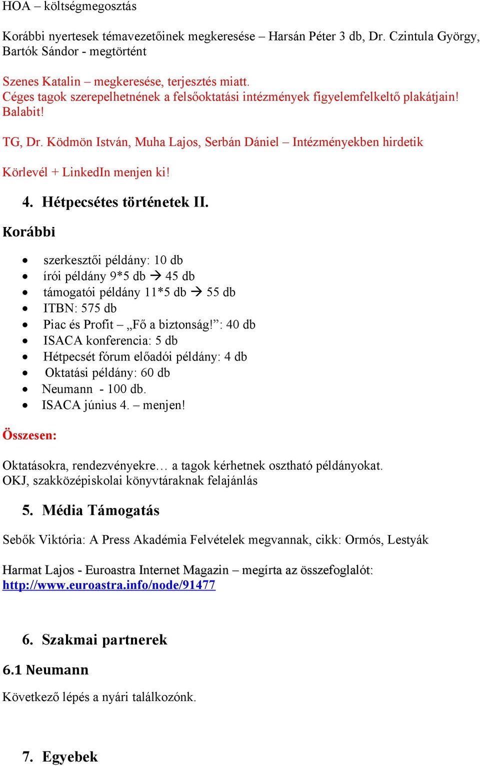 4. Hétpecsétes történetek II. Korábbi szerkesztői példány: 10 db írói példány 9*5 db 45 db támogatói példány 11*5 db 55 db ITBN: 575 db Piac és Profit Fő a biztonság!