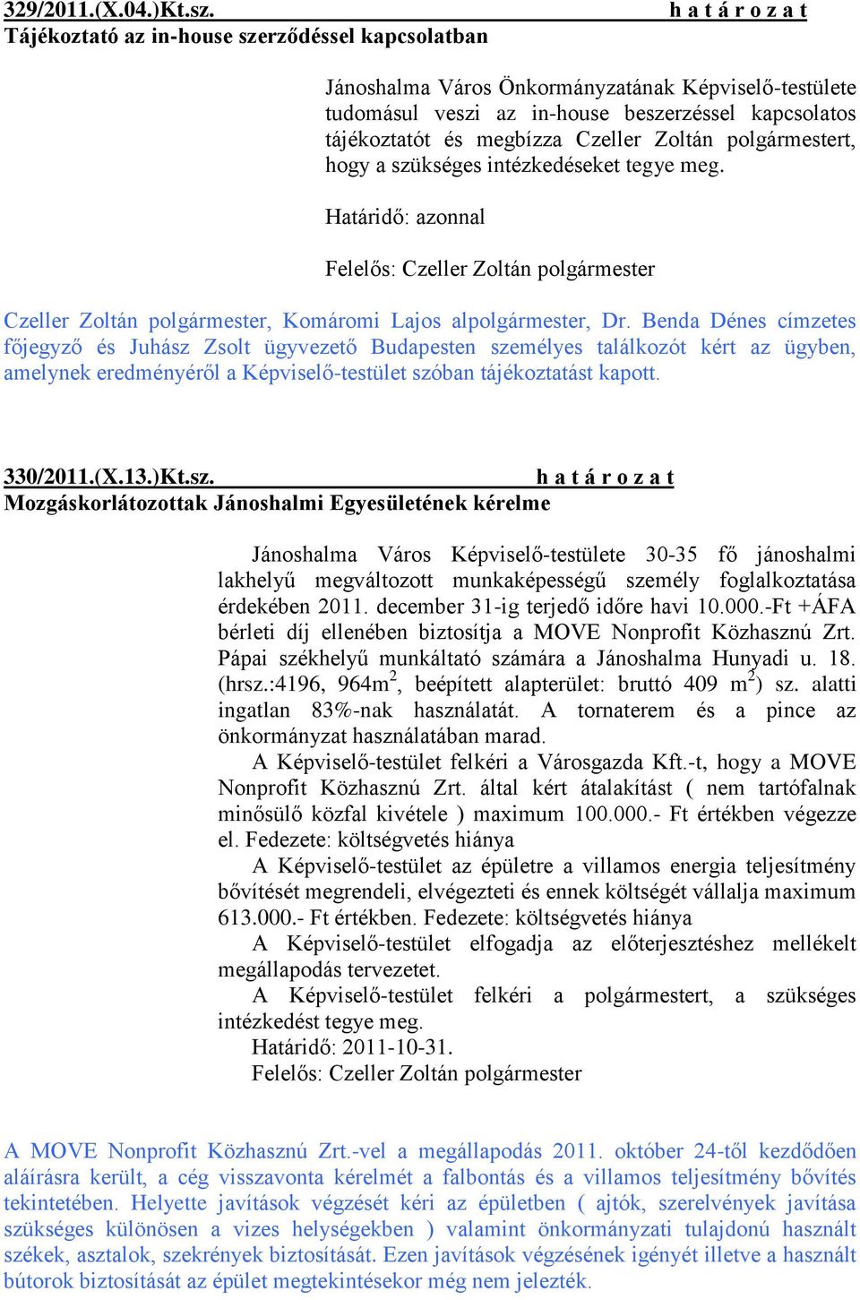 polgármestert, hogy a szükséges intézkedéseket tegye meg. Határidő: azonnal Czeller Zoltán polgármester, Komáromi Lajos alpolgármester, Dr.