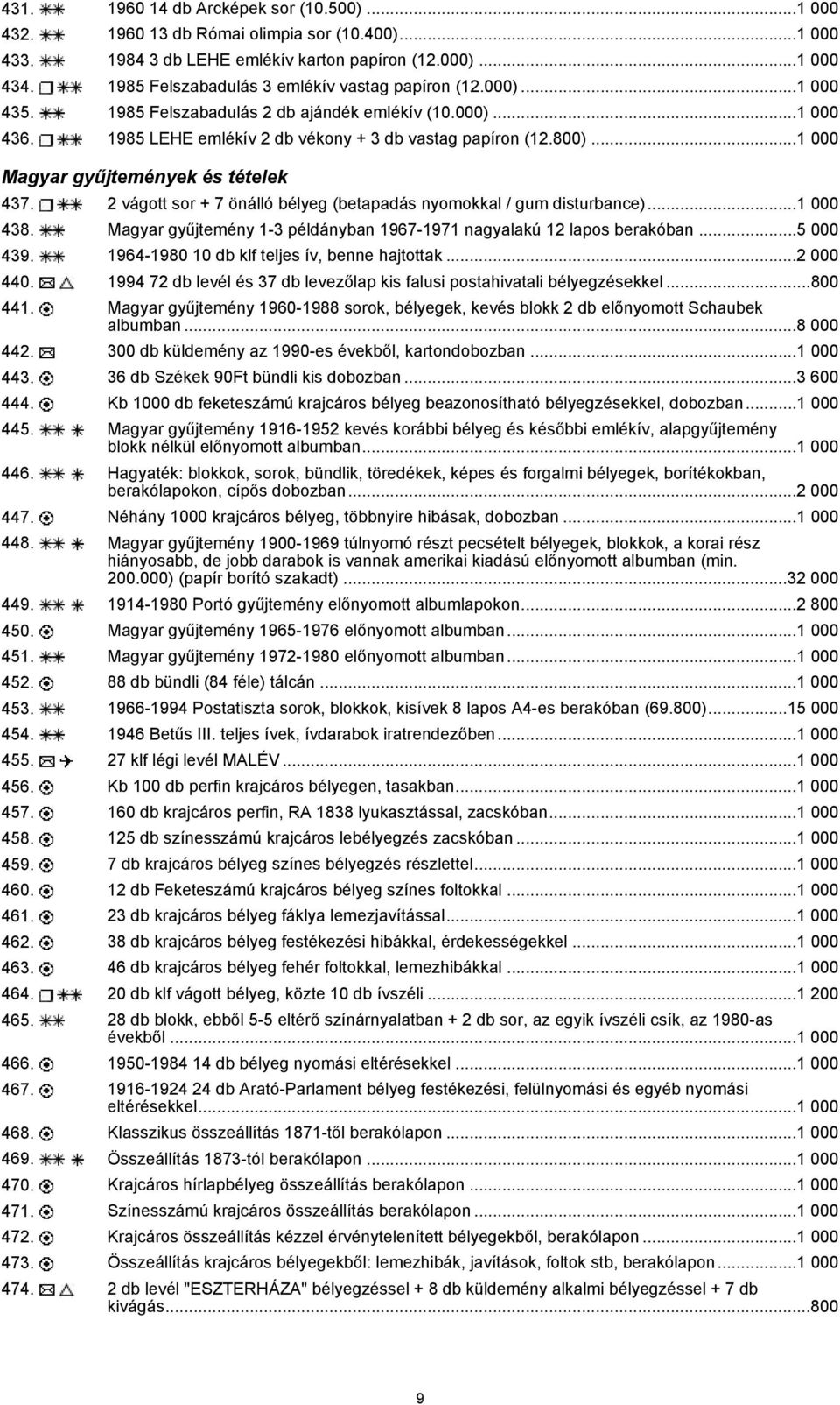 ..1 000 Magyar gyűjtemények és tételek 437. 2 vágott sor + 7 önálló bélyeg (betapadás nyomokkal / gum disturbance)...1 000 438. Magyar gyűjtemény 1-3 példányban 1967-1971 nagyalakú 12 lapos berakóban.
