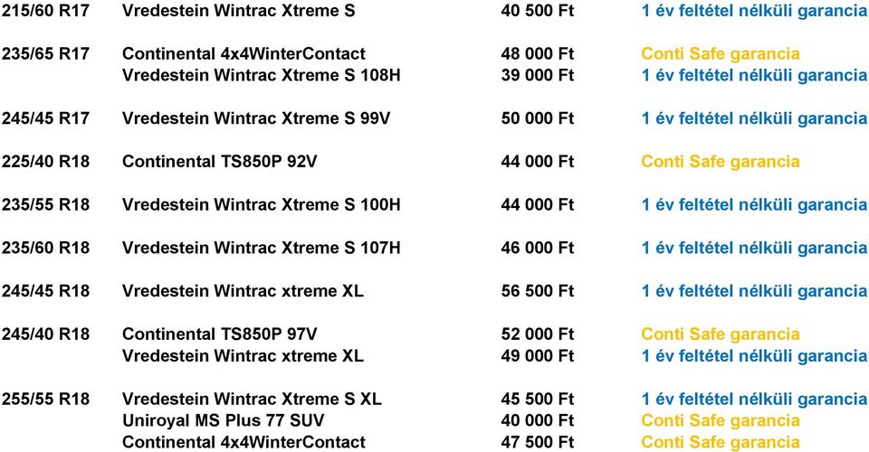 Wintrac Xtreme S 100H 44 000 Ft 1 év feltétel nélküli garancia 235/60 R18 Vredestein Wintrac Xtreme S 107H 46 000 Ft 1 év feltétel nélküli garancia 245/45 R18 Vredestein Wintrac xtreme XL 56 500 Ft 1