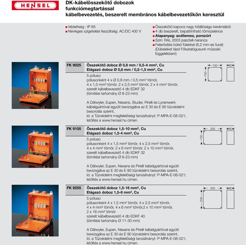 ) FK 9025 Összekötő doboz Ø 0,8 mm / 0,5-4 mm², Cu Elágazó doboz Ø 0,8 mm / 0,5-1,5 mm², Cu pólusonként 4 x Ø 0,8 mm / 0,5 mm² tömör, 4 x 1,5 mm² tömör, 2 x 2,5 mm² tömör, 2 x 4 mm² tömör, szerelt