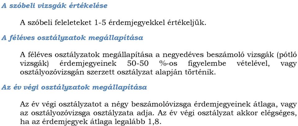 %-os figyelembe vételével, vagy osztályozóvizsgán szerzett osztályzat alapján történik.