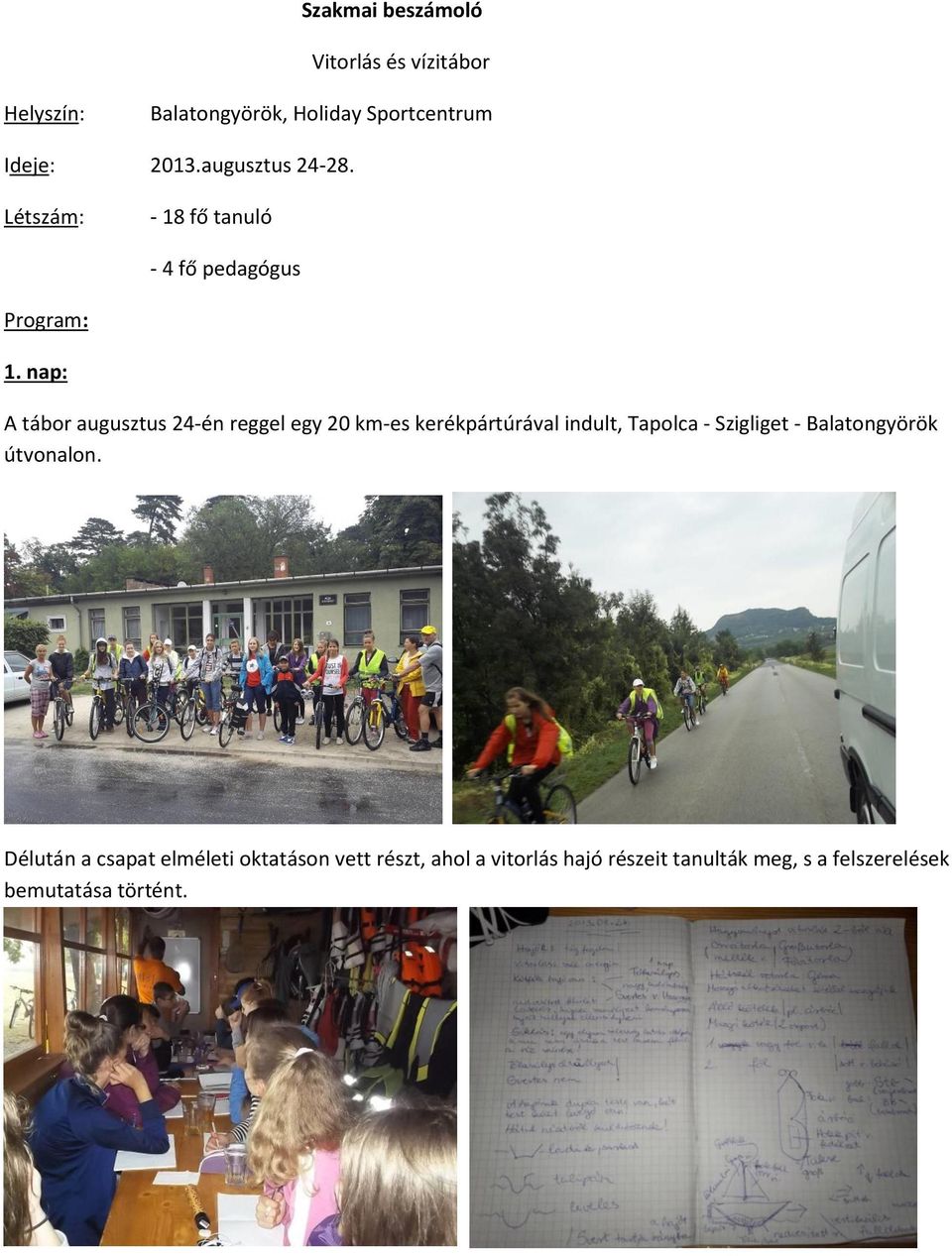 nap: A tábor augusztus 24-én reggel egy 20 km-es kerékpártúrával indult, Tapolca - Szigliget -