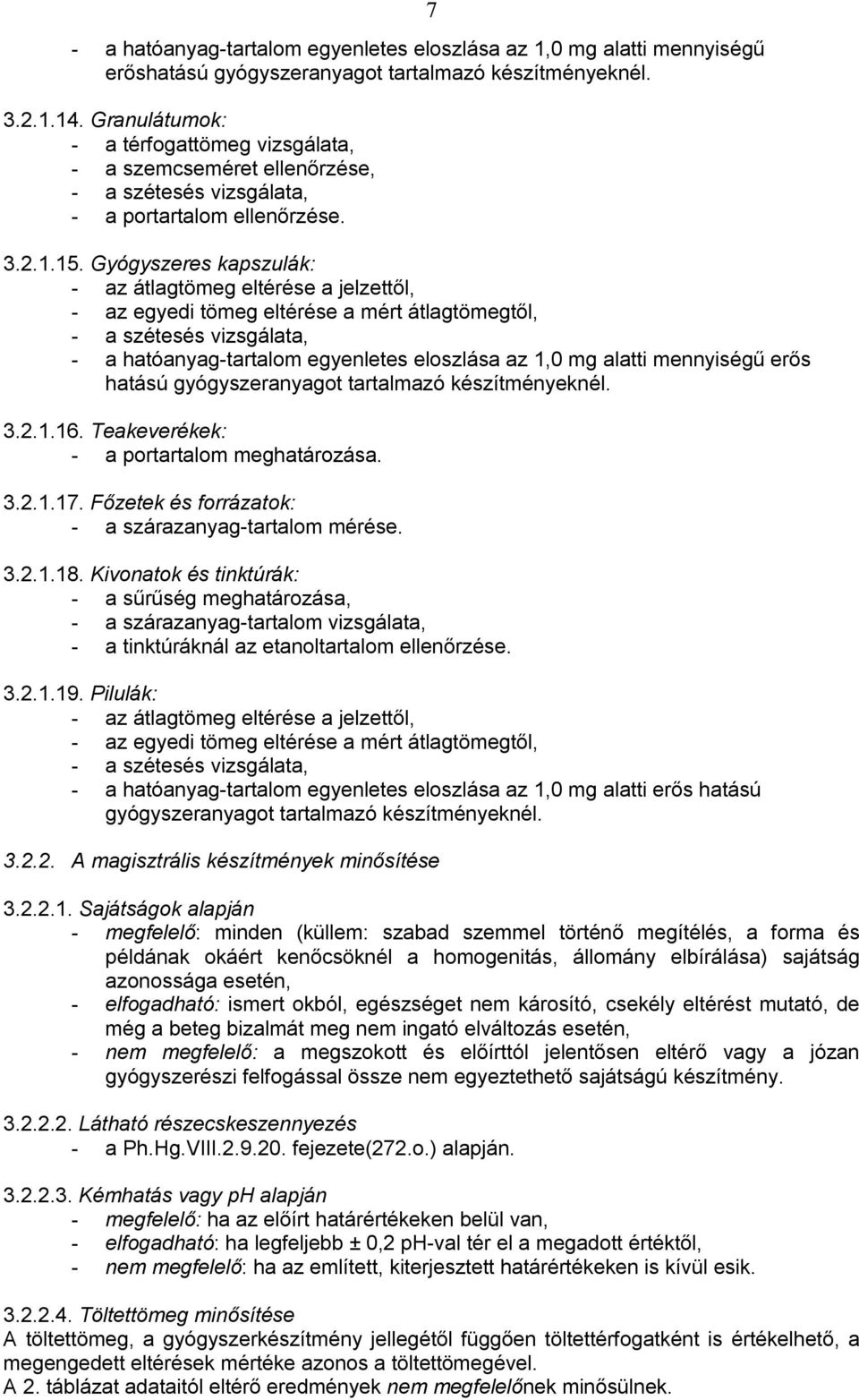 Gyóyszeres kapszulák: - az átlatöme eltérése a jelzettől, - az eyedi töme eltérése a mért átlatömetől, - a szétesés vizsálata, - a hatóanya-tartalom eyenletes eloszlása az 1,0 m alatti mennyiséű erős