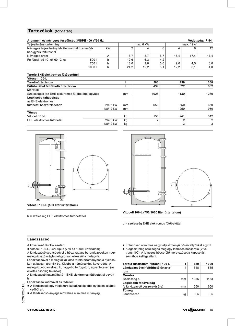 6,0 9,0 4,5 3,0 1000 l h 24,2 12,2 8,1 12,2 6,1 4,0 Tároló EHE elektromos fűtőbetéttel Vitocell 100-L Tároló-űrtartalom l 500 750 1000 Fűtőbetéttel felfűthető űrtartalom l 434 622 832 Méretek