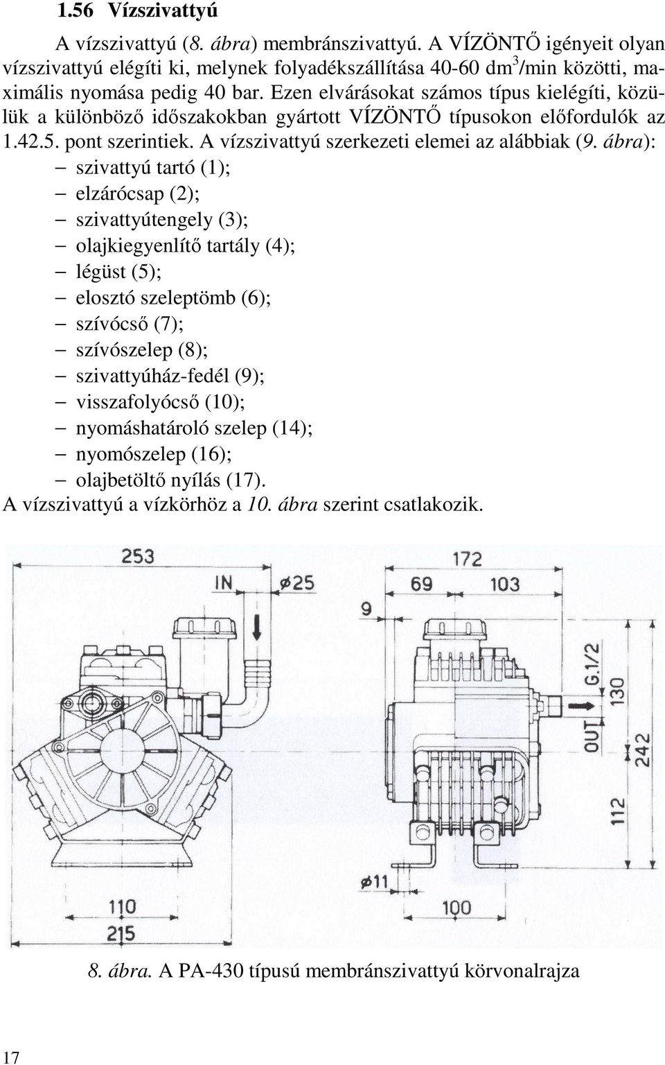 ábra): szivattyú tartó (1); elzárócsap (2); szivattyútengely (3); olajkiegyenlítő tartály (4); légüst (5); elosztó szeleptömb (6); szívócső (7); szívószelep (8); szivattyúház-fedél (9);