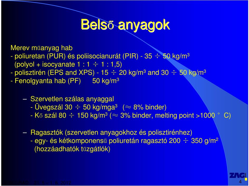 anyaggal - Üvegszál 30 50 kg/mga 3 ( 8% binder) -Kő szál 80 150 kg/m 3 ( 3% binder, melting point >1000 C) Ragasztók